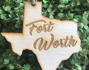 Fort Worth Texas Tag Ornament - City hometown TX souvenir keepsake memory state 2020 wood laser engraved skyline welcome gift home Ft Worth