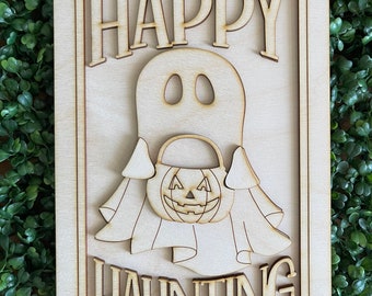 DIY Halloween wood sign - Happy Haunting Ghost bats Whimsy colorful October candy trick or treat blank kit shelf sitter leaner tiered tray