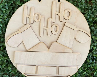 Christmas DIY wood sign -  Ho Ho Ho Santa legs chimney winter unfinished cut out door hanger wall decor craft supply kit blanks round wreath