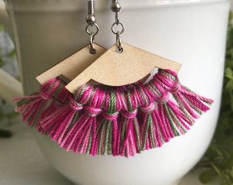 Fringe Earrings - dangle statement wood favor gift hoop boho pink green