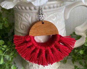 Red Fringe Earrings - dangle statement wood favor gift hoop boho oak stain sports team spirit mom fan