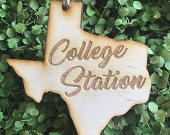 College Station Texas Tag Ornament - City hometown TX souvenir keepsake memory state 2020 wood laser engraved skyline welcome gift home