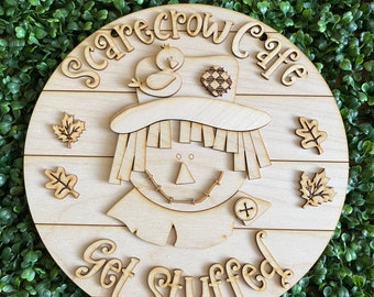 DIY Fall Scarecrow wood sign - unfinished cut out door hanger wall decor craft supply sign kit blanks round wreath sign