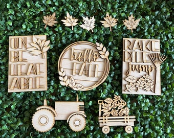 Fall DIY wood tiered tray set- unfinished cut out door hanger wall decor craft supply sign kit blanks round wreath sign