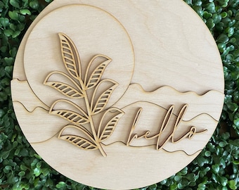 Boho DIY wood sign -  hello sunset leaf unfinished cut out door hanger wall decor craft supply sign kit blanks round wreath sign