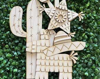 Piñata DIY wood standing sign - fiesta party unfinished cut out door hanger wall decor craft supply sign kit blanks wreath sign