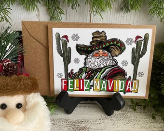 Felix Navidad Greeting Card - Blank note card Southwest Cactus Santa sombrero cactus Hispanic