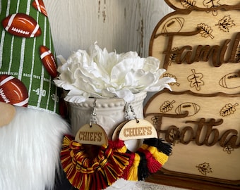Chiefs earrings - dangle statement fringe wood football team spirit jewelry high school college red yellow black little league