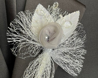 Boutonniere - Prom Wedding Gray white iridescent Sheer Rose lace silver metallic