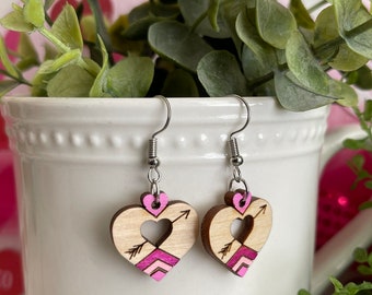 Valentine Earrings - heart dangle statement wood favor gift hoop boho love kisses Xoxo sexy arrow Cupid
