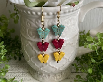 Butterfly Statement Dangle Earrings - aqua red yellow spring summer