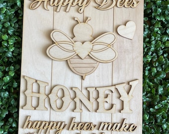 Happy Bees DIY sign - honey home decor door hanger round wreath floral supply wreath center blank