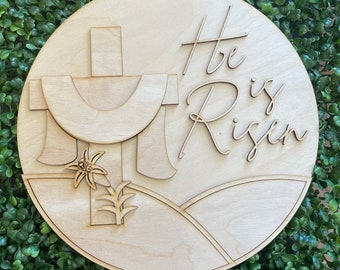 He is Risen DIY wood sign -  unfinished cut out door hanger wall decor craft supply sign kit blanks round wreath sign Easter