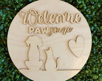 DIY wood sign - Dog Cat Welcome Pawsome unfinished cut out door hanger wall decor craft supply sign kit blanks round wreath sign