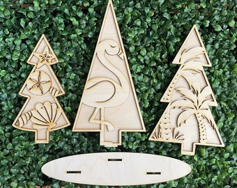 Tropical Christmas DIY wood standing trees - unfinished cut out door hanger wall decor craft supply sign kit blanks round wreath sign