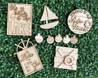 Lake House DIY wood tiered tray set- unfinished cut out door hanger wall decor craft supply sign kit blanks round wreath sign