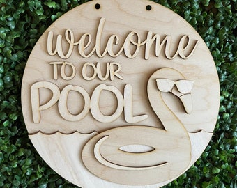 Pool Summer DIY sign - Welcome to our Pool Flamingo home decor door hanger round wreath floral supply wreath center blank