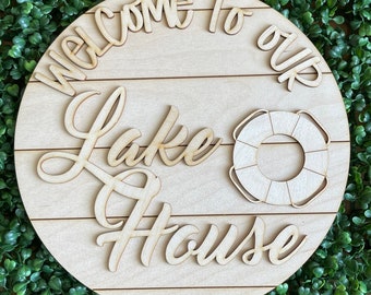 Lake house DIY wood sign - welcome to unfinished cut out door hanger wall decor craft supply sign kit blanks round wreath sign