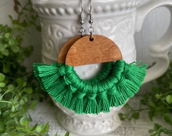 Green Fringe Earrings - dangle statement wood favor gift hoop boho oak stain sports team spirit mom fan