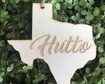 Hutto Texas Tag Ornament - City hometown TX souvenir keepsake memory state 2020 wood laser engraved skyline welcome gift home