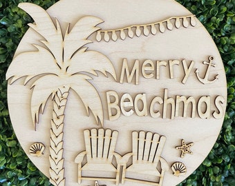 Merry Beachmas Christmas DIY wood sign - Happy Holidays unfinished door hanger wall decor craft supply kit blanks round wreath coastal beach