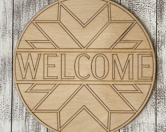 DIY wood sign - Welcome  Quilt style unfinished cut out door hanger wall decor craft supply sign kit blanks round wreath sign