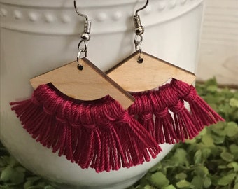 Fuchsia Fringe Earrings - dangle statement wood favor gift hoop boho team spirit sports