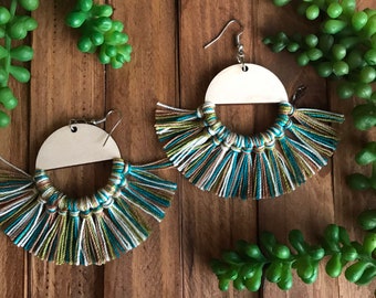 Blue Green Mix Fringe Earrings - dangle statement wood favor gift hoop boho