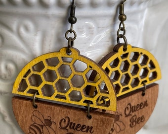 Queen Bee Statement Dangle Earrings- Yellow oak stain birch wood honeycomb