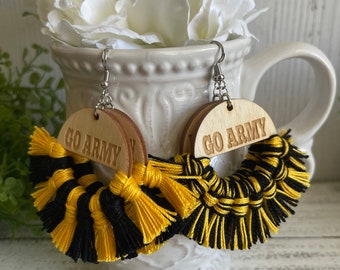 Go Army Beat Navy earrings - dangle statement fringe wood black yellow gold patriotic USA heroes