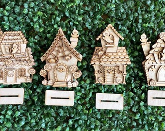 DIY Halloween mini house set - whimsical trick or treat unfinished cut out door hanger wall decor craft supply sign kit blanks sign