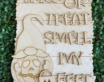DIY Halloween wood sign - Trick or Treat Smell my Feet Whimsy colorful October candy trick or treat bat