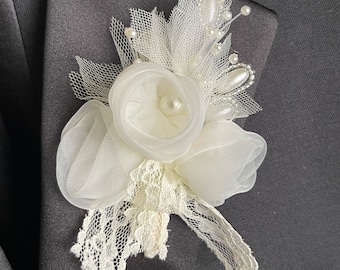 Boutonniere - Prom Wedding off white iridescent Sheer Rose lace pearl