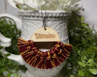 Warriors earrings - dangle statement fringe wood High School Pop Warner Flag Sports handmade jewelry team spirit custom colors