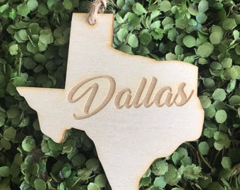 Dallas Texas Tag Ornament - City hometown TX souvenir keepsake memory state 2020 wood laser engraved skyline welcome gift home