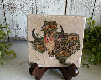 Texas Coaster - home decor Cowboy pride farmhouse western state texan lone star state longhorn skull leopard floral