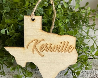 Kerrville Texas Tag Ornament - City hometown TX souvenir keepsake memory state wood laser engraved skyline welcome gift home small town