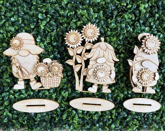 Sunflower DIY Standing wood sign - Gnomes flower floral unfinished cut out tiered tray shelf sitter home decor blank craft supply
