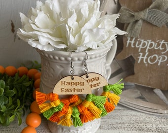 Happy Easter Fringe Earrings - dangle statement wood favor gift hoop boho Easter Faith Religious colorful whimsical