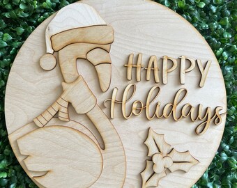 Flamingo Christmas DIY wood sign - Happy Holidays unfinished cut out door hanger wall decor craft supply sign kit blanks round wreath sign