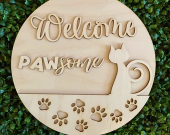 DIY wood sign - Cat Welcome Pawsome unfinished cut out door hanger wall decor craft supply sign kit blanks round wreath sign