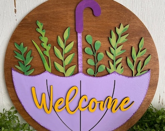 Spring sign - Welcome umbrella home decor door hanger round wreath floral supply wreath center blank lavender purple green