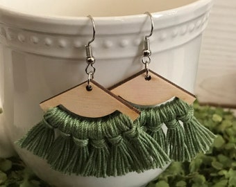 Fringe Earrings - dangle statement wood favor gift hoop boho