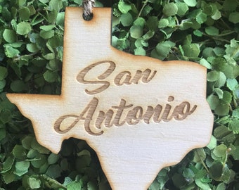San Antonio Texas Tag Ornament - City hometown TX souvenir keepsake memory state wood laser engraved skyline welcome gift home small town