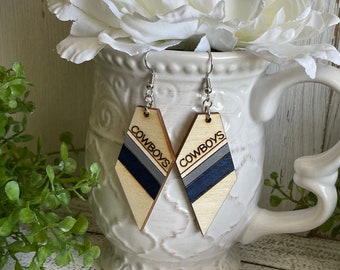 Cowboys earrings - white blue dangle statement wood USA America Patriotic handmade jewelry