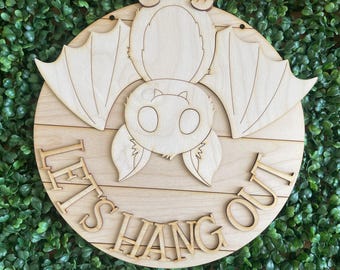 Halloween DIY wood sign - Bat Let's Hang Out Whimsy colorful October candy trick or treat door sign spooky blank round