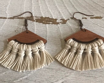 Fringe Earrings - dangle statement wood favor gift hoop boho