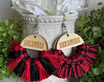 Arkansas earrings - dangle statement fringe wood red black handmade jewelry High School Pop Warner flag State pride