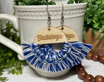 Bulldogs earrings - dangle statement fringe wood football team spirit jewelry high school little league Custom