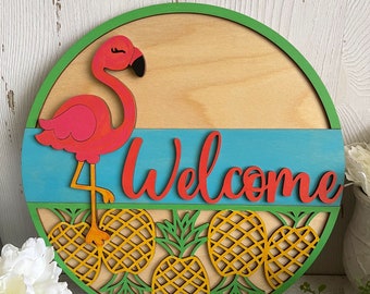 Flamingo Welcome wood sign - Welcome  Quilt style finished pink aqua yellow green stained door hanger wall decor craft supply round wreath